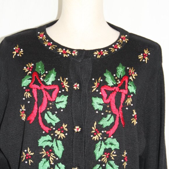 B.P Design Women's Christmas Cardigan Sweater Button Up Holly and Bows Holiday L - Picture 6 of 14